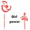 Red colored Girl power words on white background with two hand drawn poppies on either side