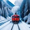 a red colored train passing through Alps in