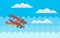 Red combat aircraft while flying among clouds. Lonely pixel helicopter for old game design