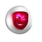 Red Comedy theatrical mask icon isolated on transparent background. Silver circle button.