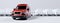 Red commercial van and fleet of white trucks. Transport. Transport and shipping