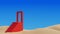 Red concrete staircases with portal on sand dunes.Surreal desert landscape minimal abstract background.3d Rendering illustration
