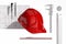 Red Construction Helmet, Calliper, Drawing tube, Pencil, Cutter Knife And Cutting Mat. 3d Rendering.