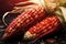 Red corn on the cob with drops of water on a black background, imagine Recreation artistic of cobs corn in a maizefield with red