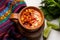 Red corn esquites on white background. Mexican foodt