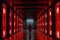 Red corridor with glowing pillars, futuristic modern underground dark tunnel created by generative AI