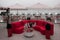 Red couch in a beach bar