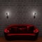 Red couch with empty frame and sconces