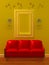 Red couch with empty frame and sconces