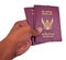 Red cover passport of thailand in hand