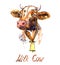 Red cow portrait with bell hand painted watercolor illustration design element