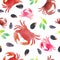 Red crab, shells, leaves watercolor illustration. Seamless pattern seafood.
