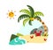 Red crabs on the beach with coconut tree, rocks, mountain and smiling sun flat vector illustration. Summer island