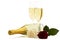 Red and cream-colored roses with two champagne gla