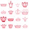 Red Crowns. Tiara. Diadem Sketch crown. Hand drawn queen tiara, king crown. Royal imperial coronation symbols, monarch majestic