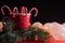 Red Cup Christmas Candy Canes Lanterns Background Copy Space