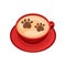 Red cup of coffee with latte art in shape of animal footprints. Cappuccino with cinnamon powder on foam. Flat vector