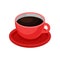 Red cup of fresh black coffee. Tasty morning beverage. Hot drink theme. Isometric vector element for cafe or restaurant