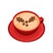 Red cup of fresh coffee with pattern in shape of holly berries made of cinnamon powder. Flat vector icon