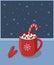 Red Cup with hot chocolate and marshmallows on the windowsill. Christmas concept, evening outside the window the snowflakes.