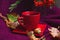 Red cup with tea on saucer on purple knitted background with oak acorns, autumn leaves and rowan berries