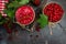 red currant jam in jar. Canned fresh berries on a wooden background. banner, menu, recipe place for text