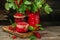 red currant jam in jar. Canned fresh berries on a wooden background. banner, menu, recipe place for text
