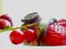 red currant and strawberry on white fruit plate with elegant powdery brown cake e