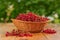 Red currants in a basket, freshly picked berries