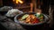 Red Curry On Stone, Blurred Background, Rustic Pub. Generative AI