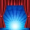Red curtain on blue circus vintage background. Design for presentation, concert, show