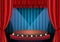 Red curtain on blue vintage background and podium. Design for presentation, concert, show