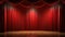 Red curtains on the stage of theater and film. Empty Stage with a closed red curtain, light from footlights background