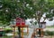 Red cute small little treehouse for kids on backyard,playground,home decoration