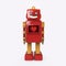 Red cute vintage robot with shiny light bub and screen pixel heart icon.
