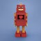 Red cute vintage robot with shiny light bub and screen pixel heart icon.