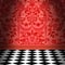 Red Damask Wallpaper With Black & White Checkerboard Tile Floor
