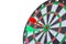 Red Darts arrow hitting in the target center of dartboard.