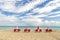 Red deck chairs in South beach