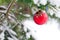 Red decorative ball on the christmas tree on on snow