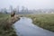 Red deer stag in Cold misty Winter landscape over stream in English countryside