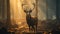 Red deer stag in the morning autumn mist at a forest