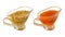 Red delicious ketchup or tomato sauce, adjika and mustard with grains in glass saucers are isolated on a white background.