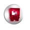 Red Delivery cargo truck vehicle icon isolated on transparent background. Silver circle button.
