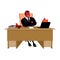 Red demon Boss at job table. Satan leader sitting in office. Devil of workplace. Laptop and phone. Cup of coffee. Director