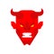 Red demon face. Horned Satan muzzle. Devil with horns head. Asmodeus vector illustration. Beelzebub lord of darkness. Lucifer