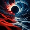 The red desert and blue sea crashing, black and white total sun eclipse, abstract surrealism