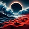 The red desert and blue sea crashing, black and white total sun eclipse, abstract surrealism