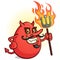 A Red Deviled Egg Cartoon Character Holding a Flaming Pitch Fork