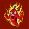 Red devious extremely hot cartoon chili pepper character on fire